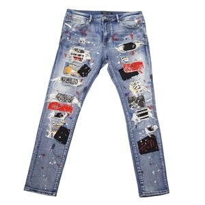 Embellish NYC Mens Distressed Patchwork Paint Splatter Denim Jeans Blue Size 38